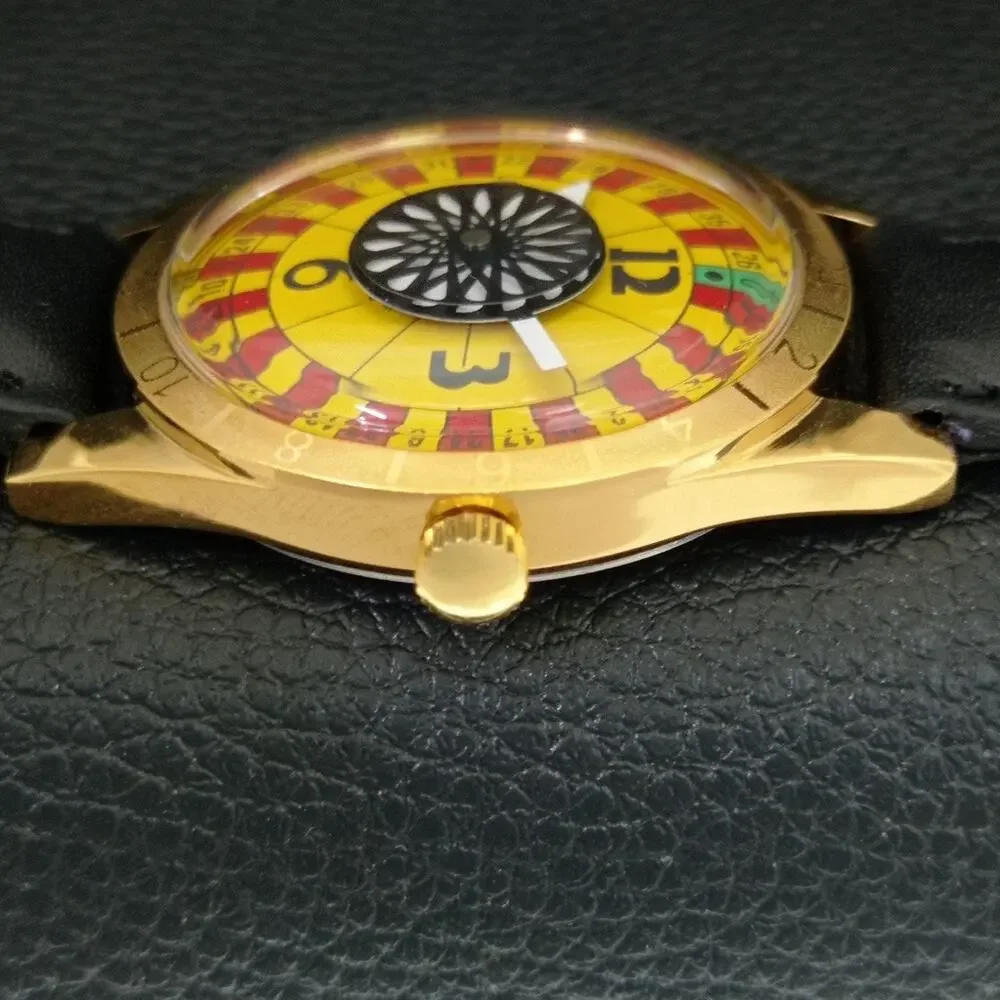 Vintage 1979 Roulette Manual Mens Gold Watch W/Leather Strap & Red/Yellow accent